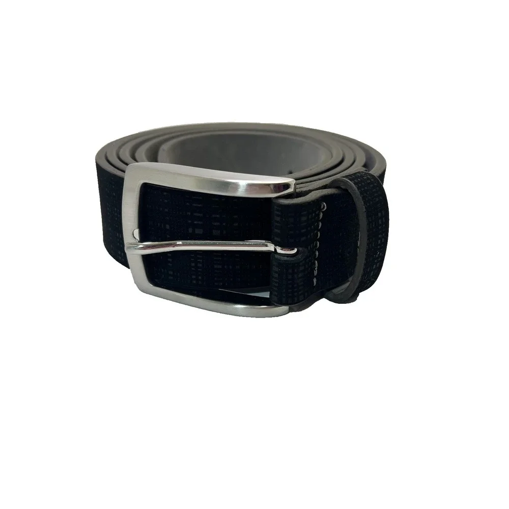 REMO TULLIANO Men Italian Leather Black Texture Belt 46 Silver Finish Buckle USA